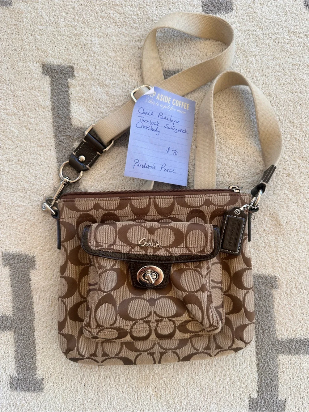 Coach Tan/Chocolate Signature Canvas Crossbody with Turnlock Pocket